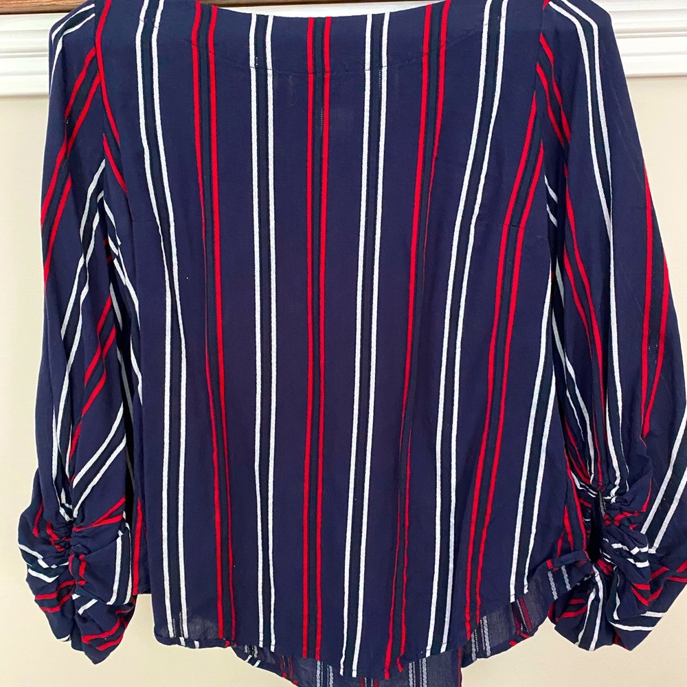 CAbi navy, red and white blouse with detail sleeve